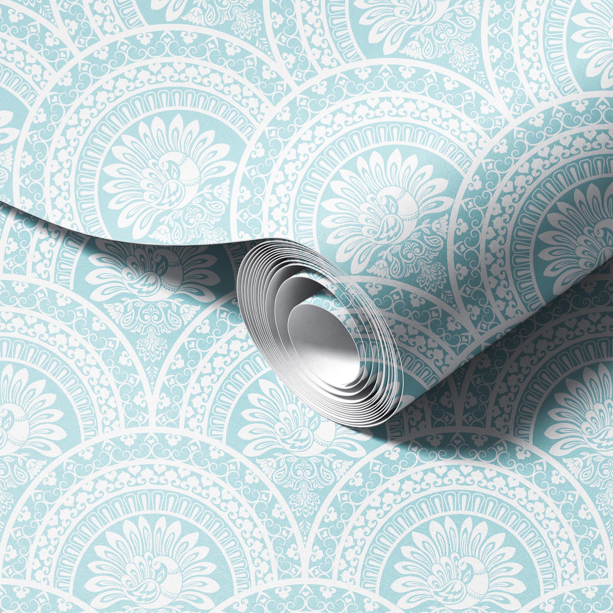 Serene Peacock Light Blue peel and stick wallpaper room mockup